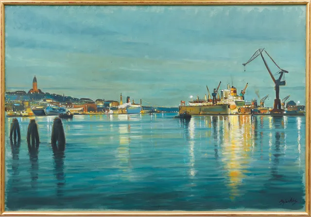 CARL BJERKÅS. "Nordisk sommarnatt, Göteborgs hamn", olja på duk, signerad, daterad 2002 a tergo.
