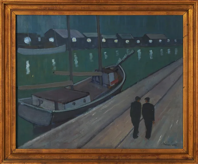 HELGE LINDEN (1897-1961). nattligt hamnmotiv, olja på duk, signerad Linden.