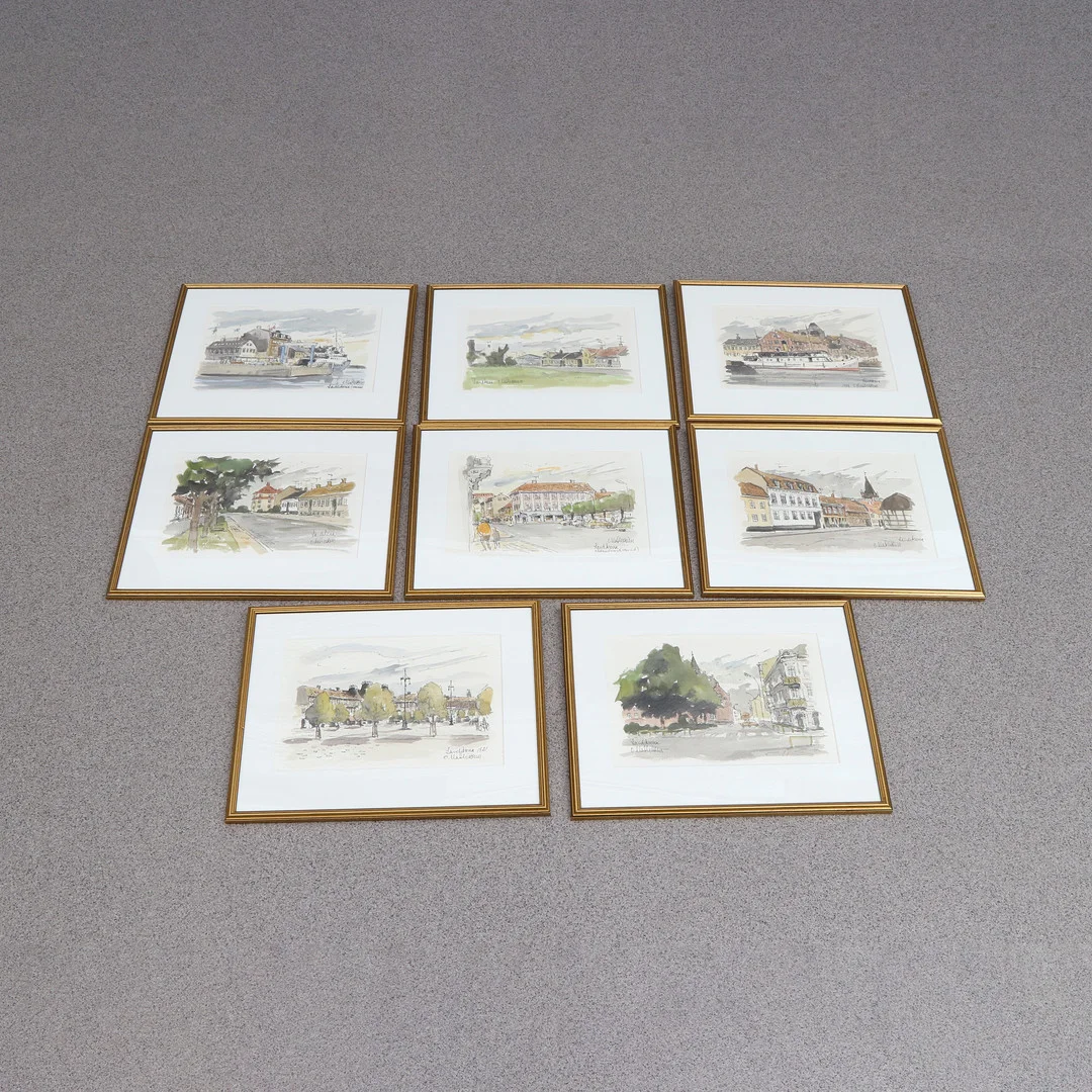 OVE MATHIESEN. Blandtekniker, åtta st. Landskronamotiv. Signerade. — Paintings — Skånes Auktionsverk