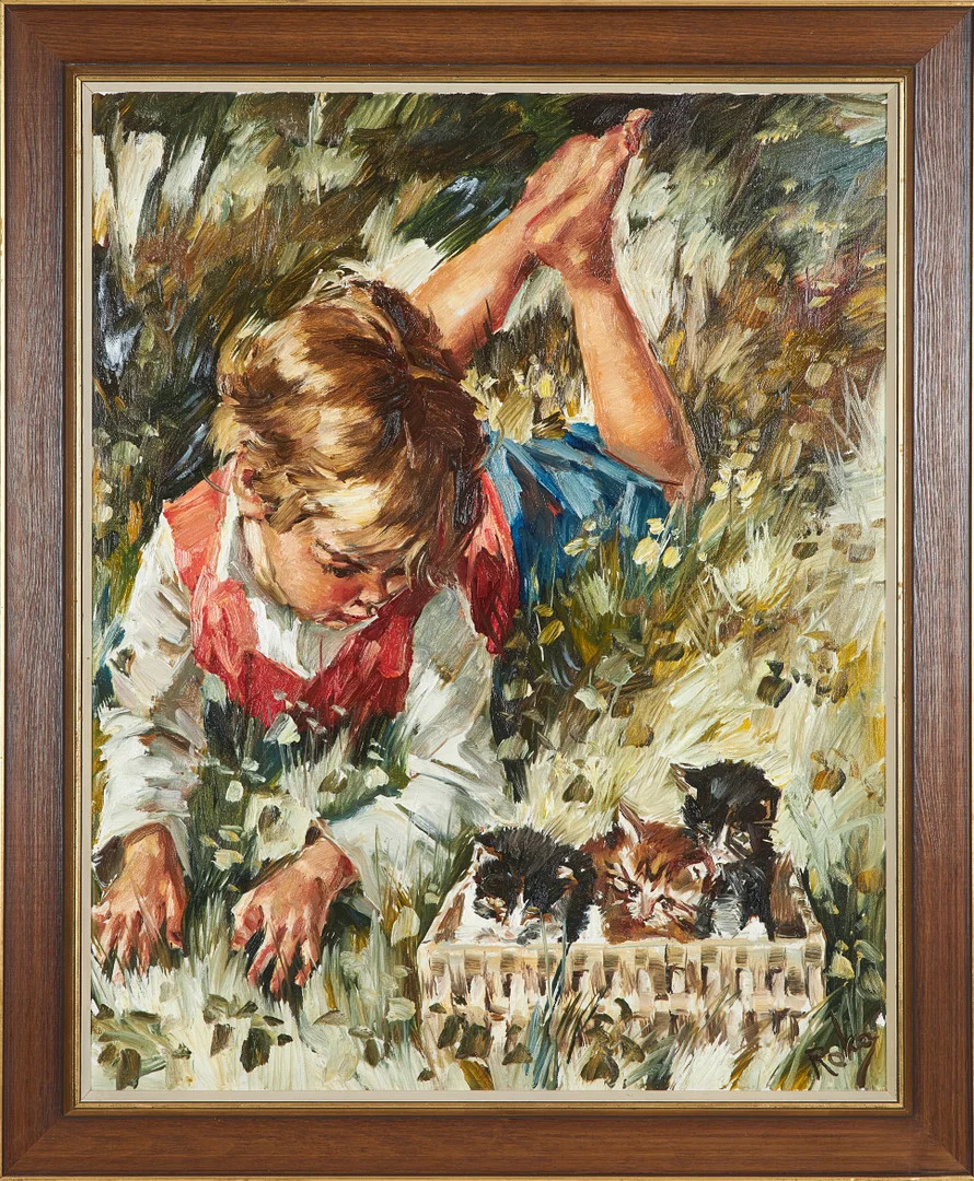 CHARLES ROKA. Barn med katter, olja på duk, signerad Roka. — Paintings — Stockholms Auktionsverk Sickla