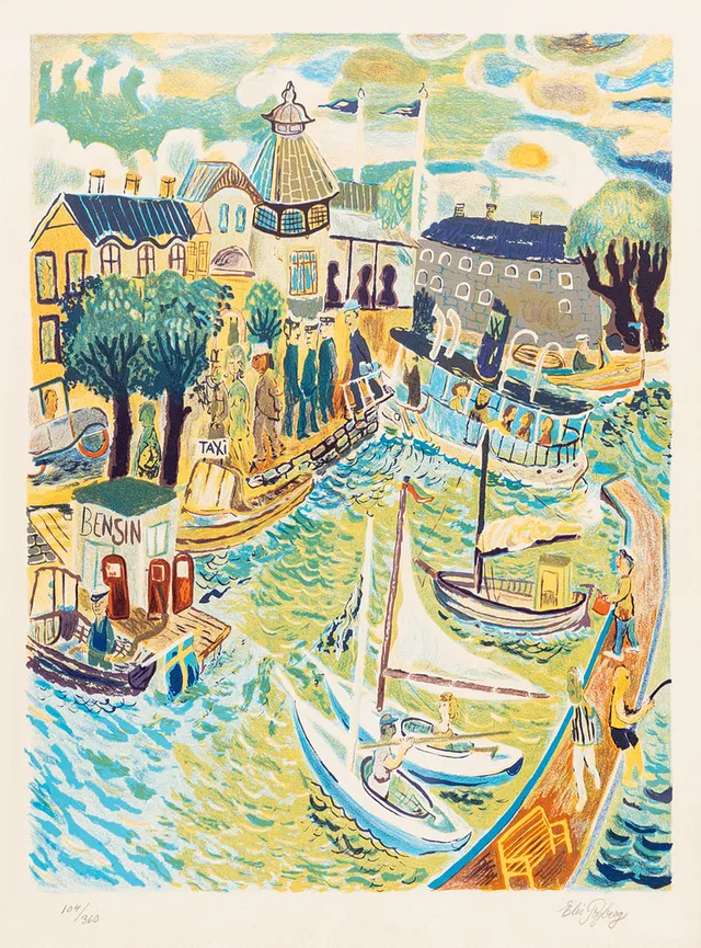 ELIS RYBERG. Hamnbild från Vaxholm, färglitografi, signerad, numrerad 104/360.