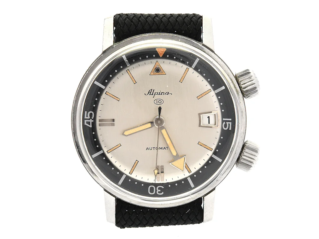 ALPINA, 10 (Swiss T), "Super Compressor Case", Cal , 572 C, Boett nr. 167407-20 / 2-66, herrur, 36 mm, stål, automatisk, plexiglas, datum, vridbar innerring, Perlonband, ca 1966. — Klockor/Alpina — Kaplans