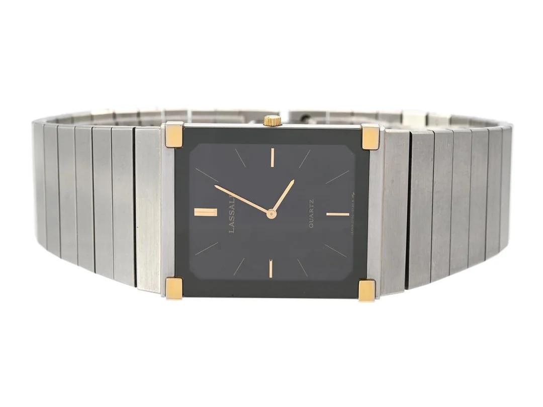 LASSALE, herrur, 24 mm, Serie nr. 520002, Boett nr. 2F50-5109, stål/vitmetall, quartz, safirglas, integrerad originallänk, längd 183 mm, ca 1990. — Klockor/Lassale — Kaplans