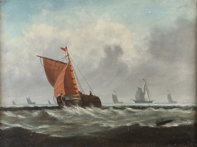 C. JAMES. Oljemålning på duk. Fiskebåtar till havs. Signerad.