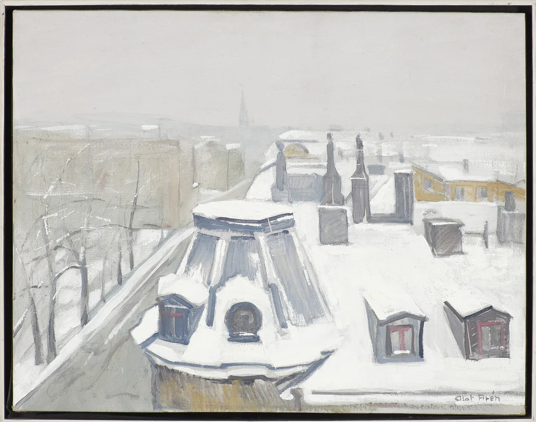 OLOF ARÉN. Hustak Stockholm, vinter, olja på duk, signerad. — Paintings — Stockholms Auktionsverk Sickla