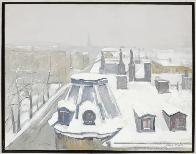 OLOF ARÉN. Hustak Stockholm, vinter, olja på duk, signerad.