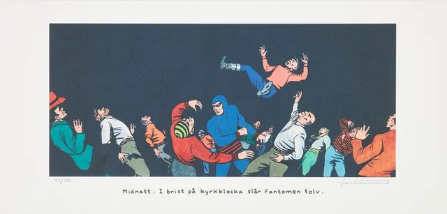 JAN STENMARK. "Midnatt. I brist på kyrkklocka slår Fantomen tolv", färgoffset, signerad och numrerad 21/150.