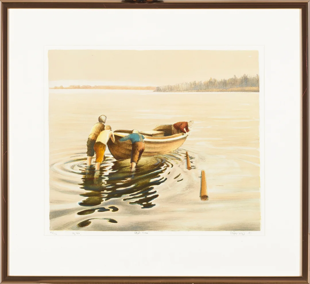 Sand, Vebjørn — "Ut på fiske" 1990 — Kunst/Grafikk — Blomqvist