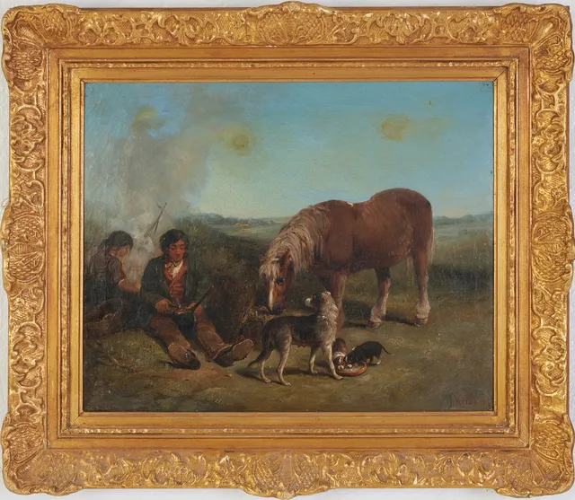 OIDENTIFIERAD KONSTNÄR, 1800-tal, vilande sällskap med hund och häst, olja på duk, signerad och daterad 78.