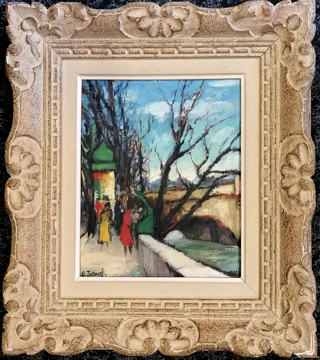#A IVANOFF 1955 OIL PAINTING - CONTINENTAL CITY RIVERSCAPE.