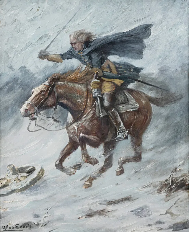 ALLAN EGNELL (1884-1960). Karolin till häst, olja på pannå, signerad.