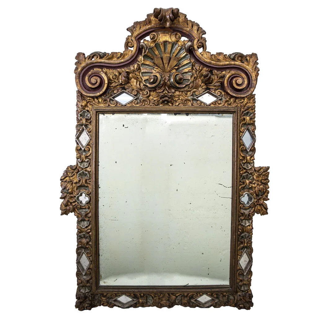 Large Spanish mirror with Baroque-style frame in carved, gilt and polychrome wood, made with fragments of the 18th and 19th Centuries. — Mirrors — Balclis