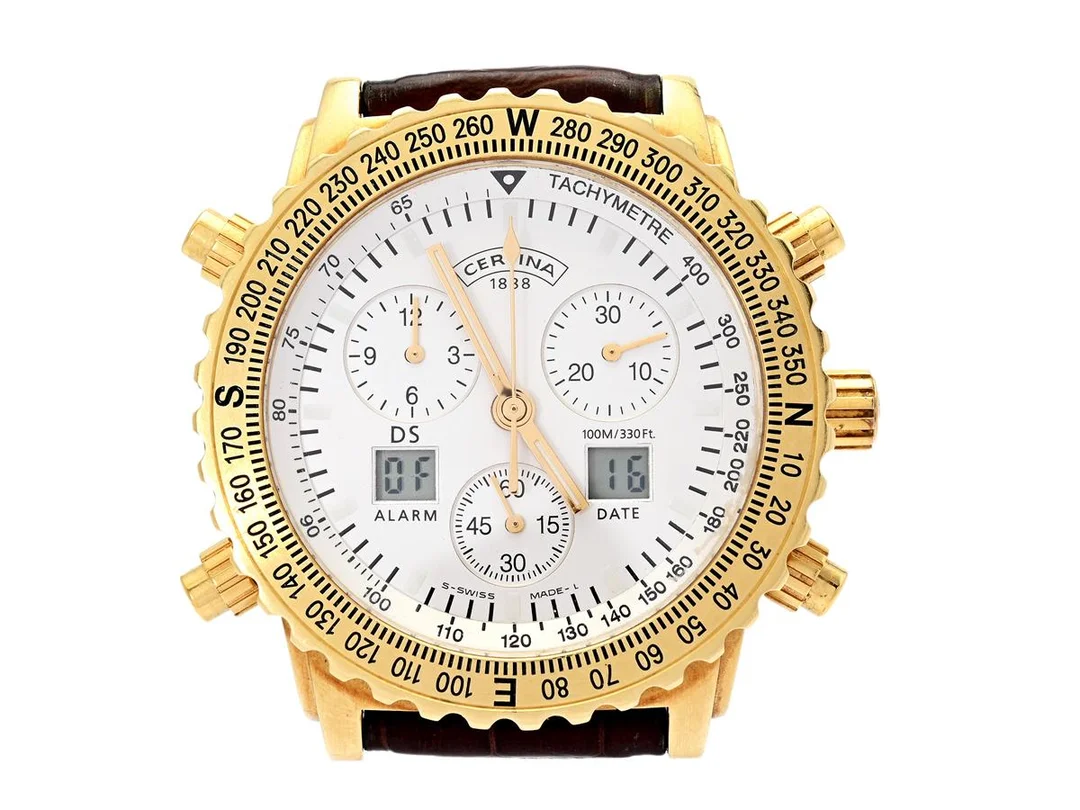 CERTINA, Cascadeur (100M/330Ft), "Tachymetre", Boett nr. 539.8017.68, kronograf (nollställer ej), 18K guld, 41,5 mm, analog/digital, quartz, safirglas, datum, alarm, gravyr, läderband, originalspänne i doublé, ca 2000. — Klockor/Certina — Kaplans