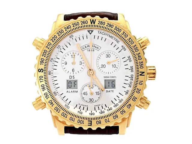 CERTINA, Cascadeur (100M/330Ft), "Tachymetre", Boett nr. 539.8017.68, kronograf (nollställer ej), 18K guld, 41,5 mm, analog/digital, quartz, safirglas, datum, alarm, gravyr, läderband, originalspänne i doublé, ca 2000.
