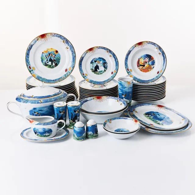 ROSINA WACHTMEISTER. Matservis, 49 dlr., porslin, Goebel, 2000-tal, polykrom dekor av katter, detaljer i guld.