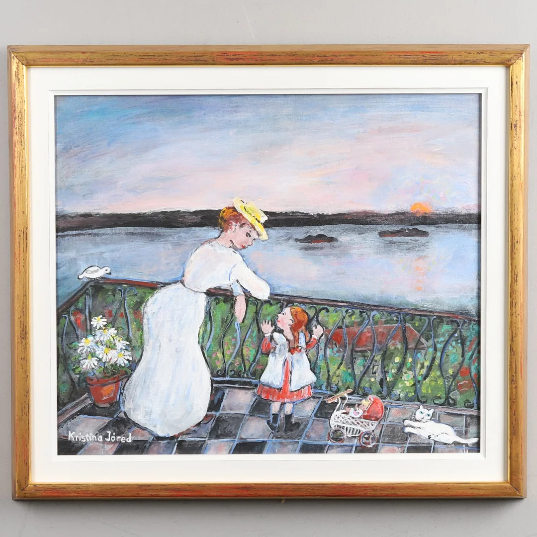 KRISTINA JÖRED. OLJA PÅ DUK, "På balkongen", signerad. — Paintings — Örebro Stadsauktioner