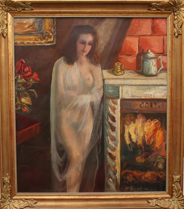 KARIN BORGSTRÖM. Olja på duk, "Vid brasan", signerad, daterad 1947.