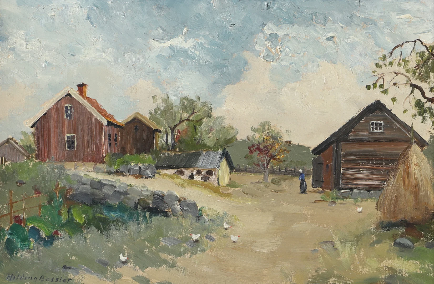 HILDING BOSSLER. Landskap med gård, olja på pannå, signerad. — Paintings — Helsingborgs Auktionskammare