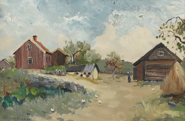 HILDING BOSSLER. Landskap med gård, olja på pannå, signerad.