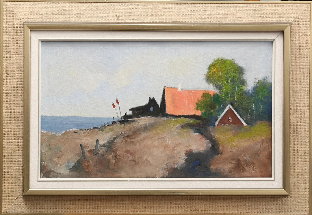 MALTE SÄRLÖV. Olja på duk, kustbild med stugor, signerad. — Paintings — Limhamns Auktionsbyrå