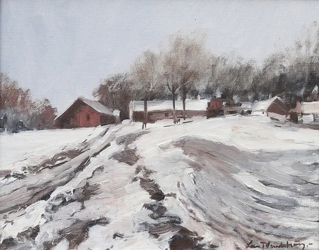 LARS NORDSTRÖM. Vinterlandskap med gårdar, olja på duk, signerad.
