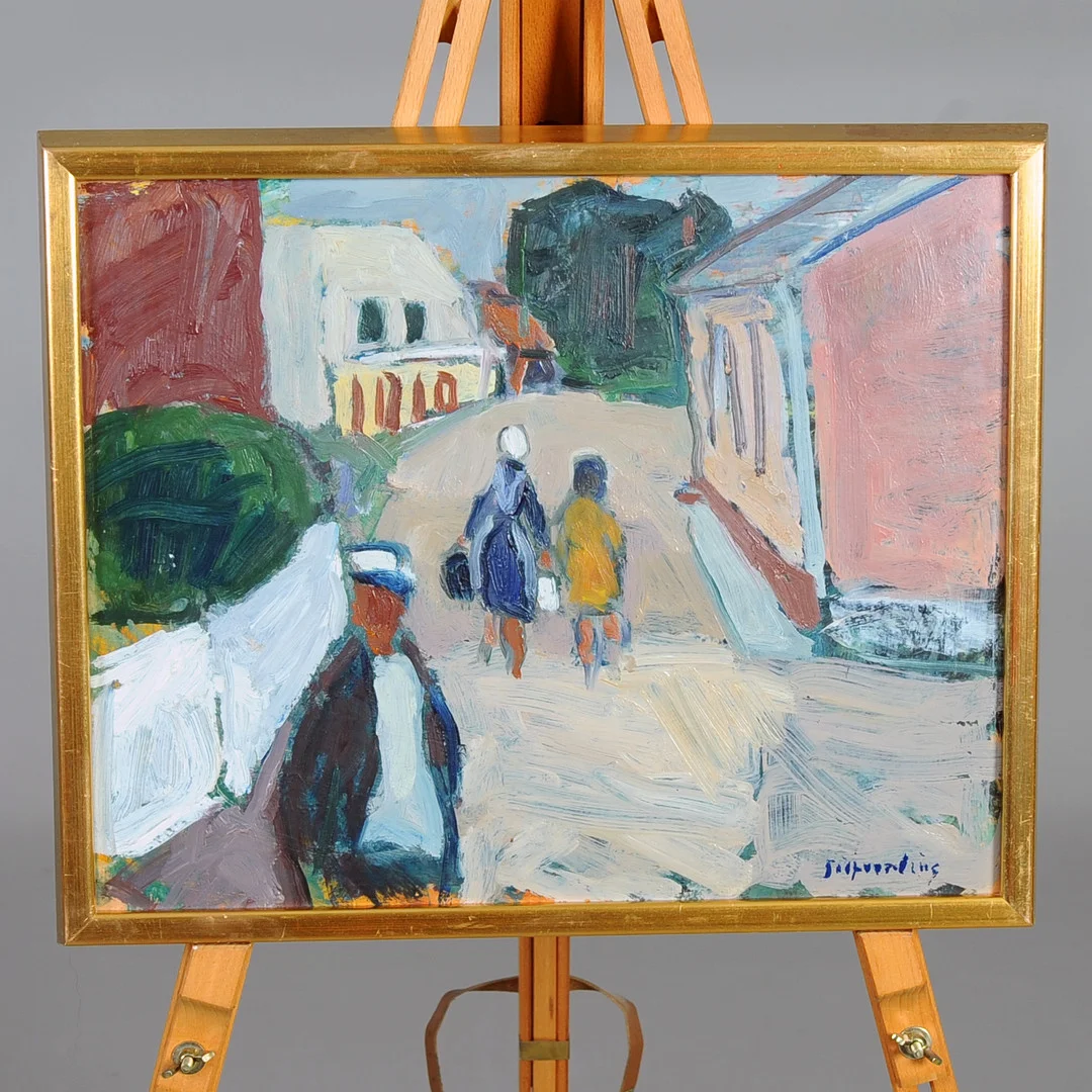LILLY (LIL) SILFVERLING. "SMÅSTADSIDYLL MED FIGURER", olja på pannå. — Paintings — Laholms Auktionskammare