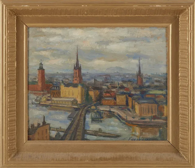 BIRGER FORSBERG. Stockholmsmotiv, olja på pannå, signerad.