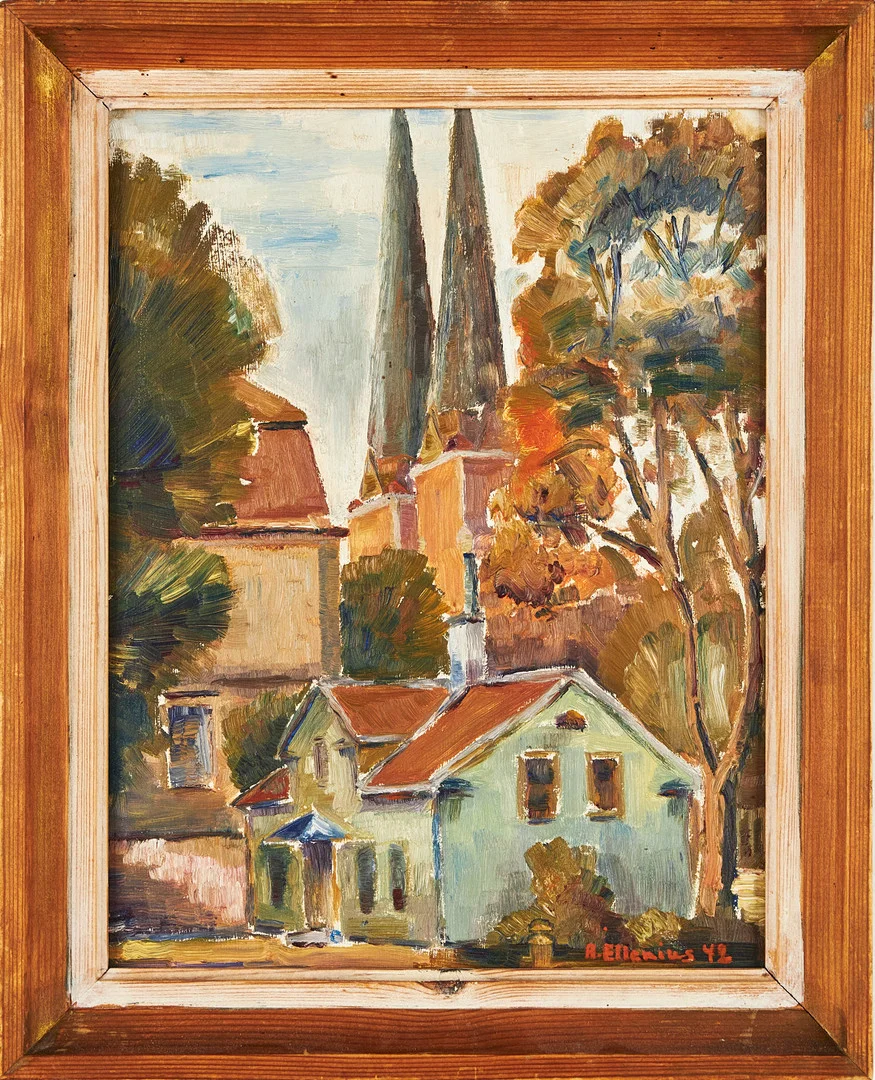 OIDENTIFIERAD KONSTNÄR. Uppsala Domkyrka, Uppsalamotiv, Olja på pannå, daterad 1942, Signerad A Ellenius. — Paintings — Stockholms Auktionsverk Sickla