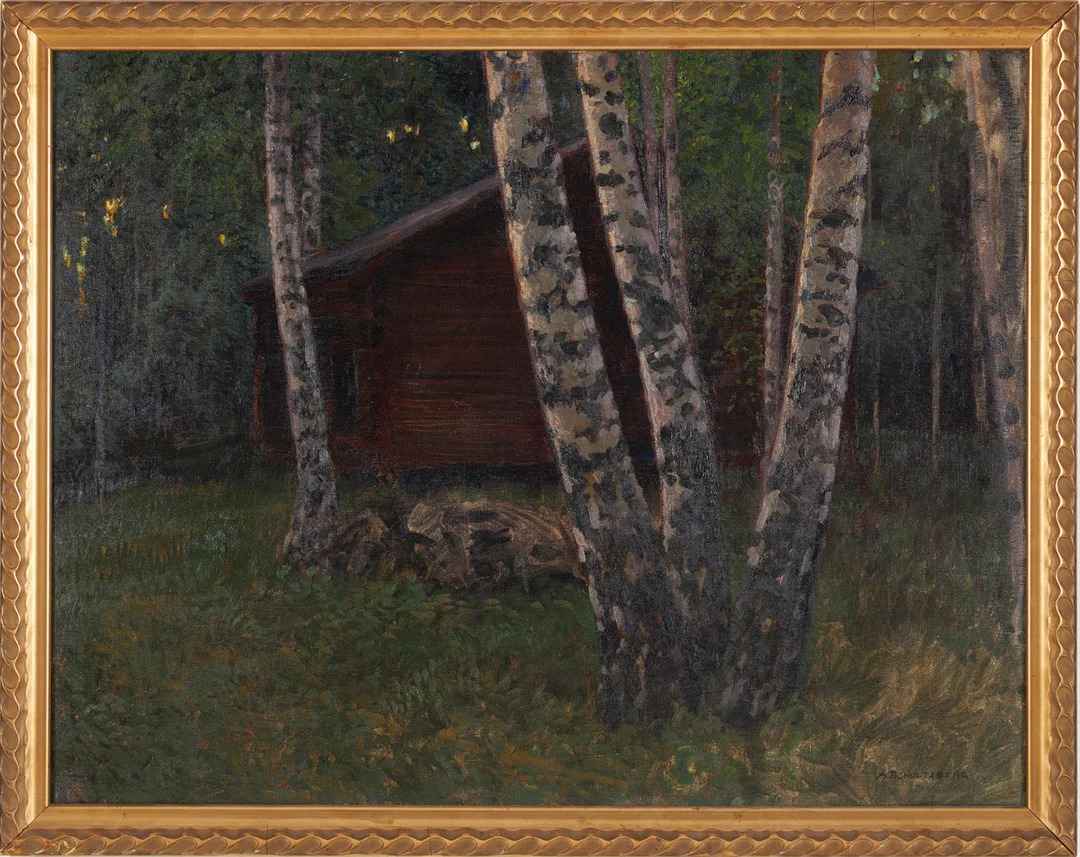ANSHELM SCHULTZBERG. Björkstammar skymning, olja på duk, signerad. — Paintings — Stockholms Auktionsverk Sickla