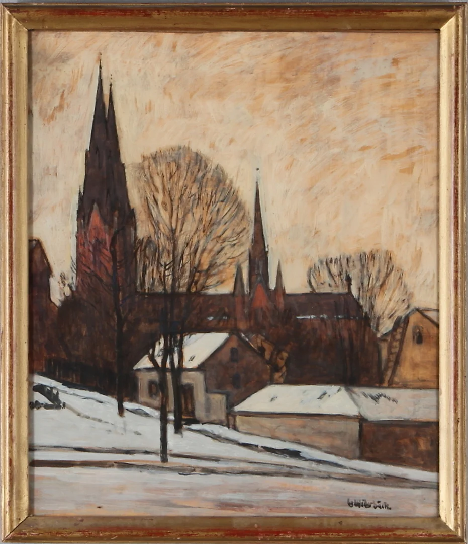 GUSTEN WIDERBÄCK. Motiv från Uppsala, blandteknik, signerad. — Paintings — Auktionshuset Kolonn