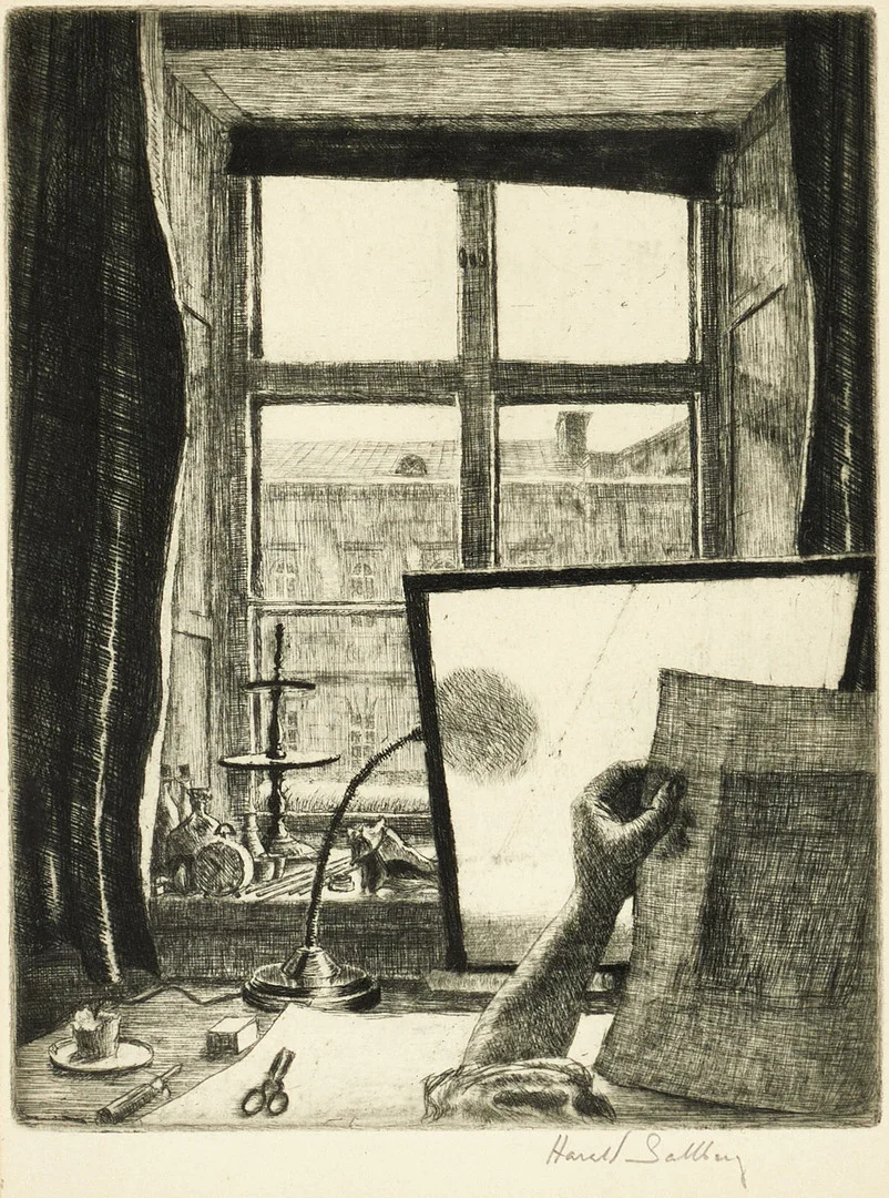 HARALD SALLBERG (1895-1963), "Jag granskar ett blad", signerad, etsning. — Engravings & Prints — Crafoord Auktioner Stockholm