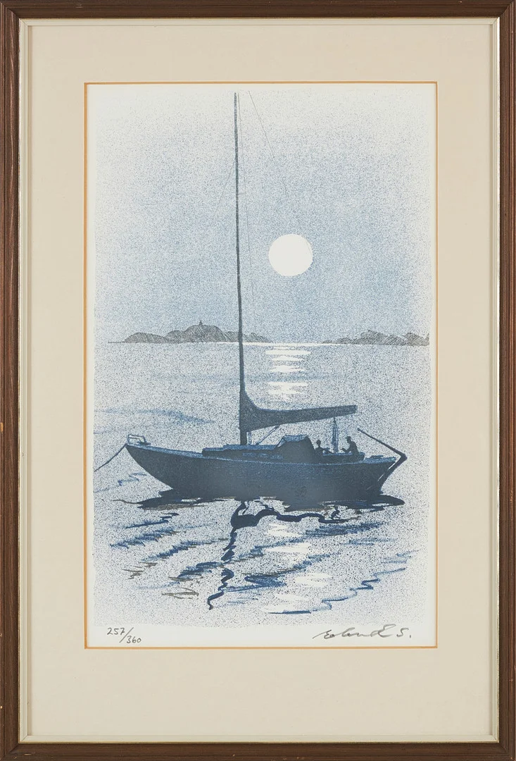 . ROLAND SVENSSON (1910-2003):. "Båtsnack", färglitografi. — Engravings & Prints — Stockholms Auktionsverk Magasin 5