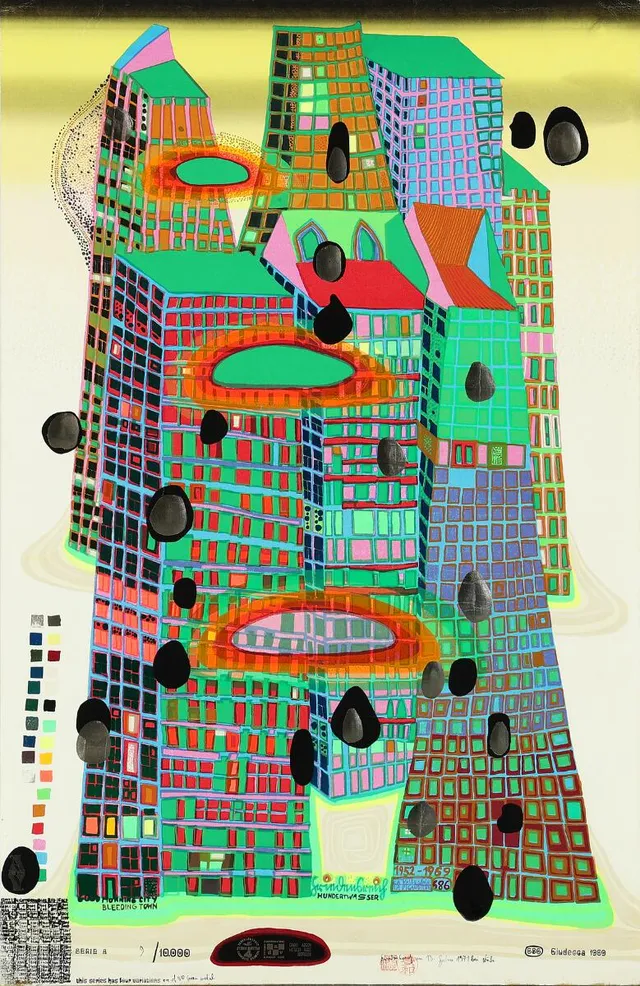 “Good Morning City - Bleeding Town”. Signed in print by Hundertwasser, 9/10000. Three stamps for printer and publisher, as well as two Japanese stamps. Printed at Studio Quattro, Campalto-Venice. Screenprint in colours and metallic embossing on cardboard. Sheet size 84 × 54 cm. Unframed.