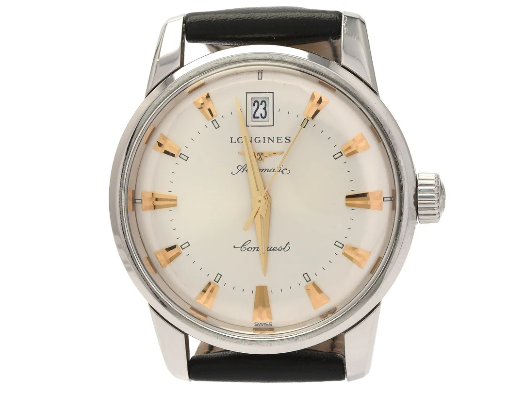 LONGINES, Conquest, Heritage, Cal 633 (ETA 2824-2), Ref nr. L1.611.4.75.2, Serie nr. 40795645, Boett nr. L1.611.4, herrur, 35 mm, stål, automatisk, plexiglas, datum, skadad urtavla, läderband, originalspänne, cert, mars 2014, box, ytterkartong. — Klockor/Longines — Kaplans