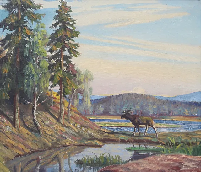 OTTO JANSSON. Älg vid sjökant. Olja på duk, signerad.