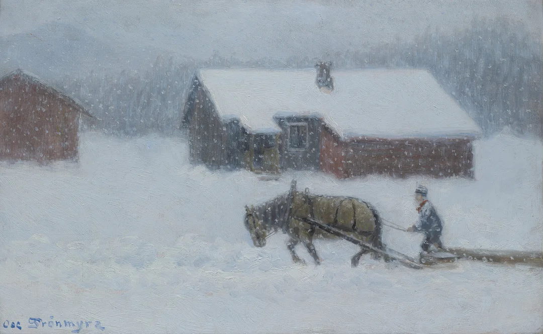 Grønmyra, Oscar — Hest med tømmer på slep — Kunst/Maleri — Blomqvist