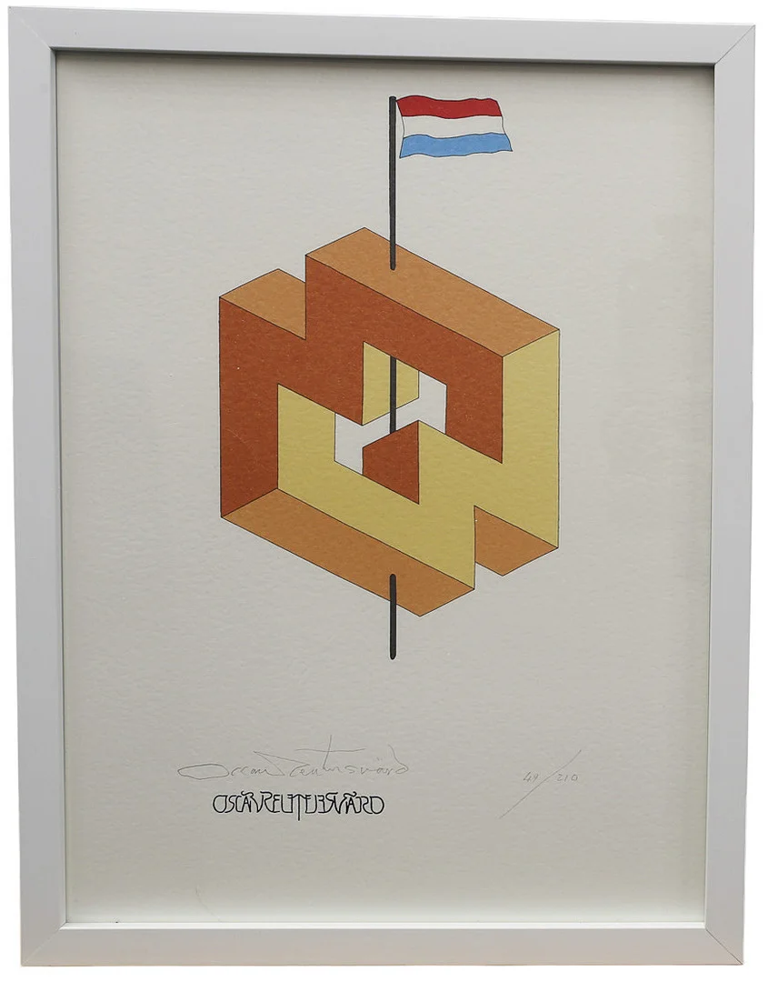 OSCAR REUTERSVÄRD. Färglitografi ur mappen "Fifteen European Impossible Figures". Luxenburg, numrerad 56/210, signerad. — Engravings & Prints — Limhamns Auktionsbyrå