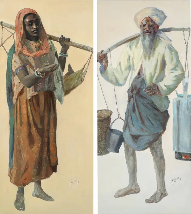 Two compositions in the shape of an Indian Tea man and a woman with child over her shoulders. Both signed Hugo V. P. Oil on canvas. 157×70 cm. (2)