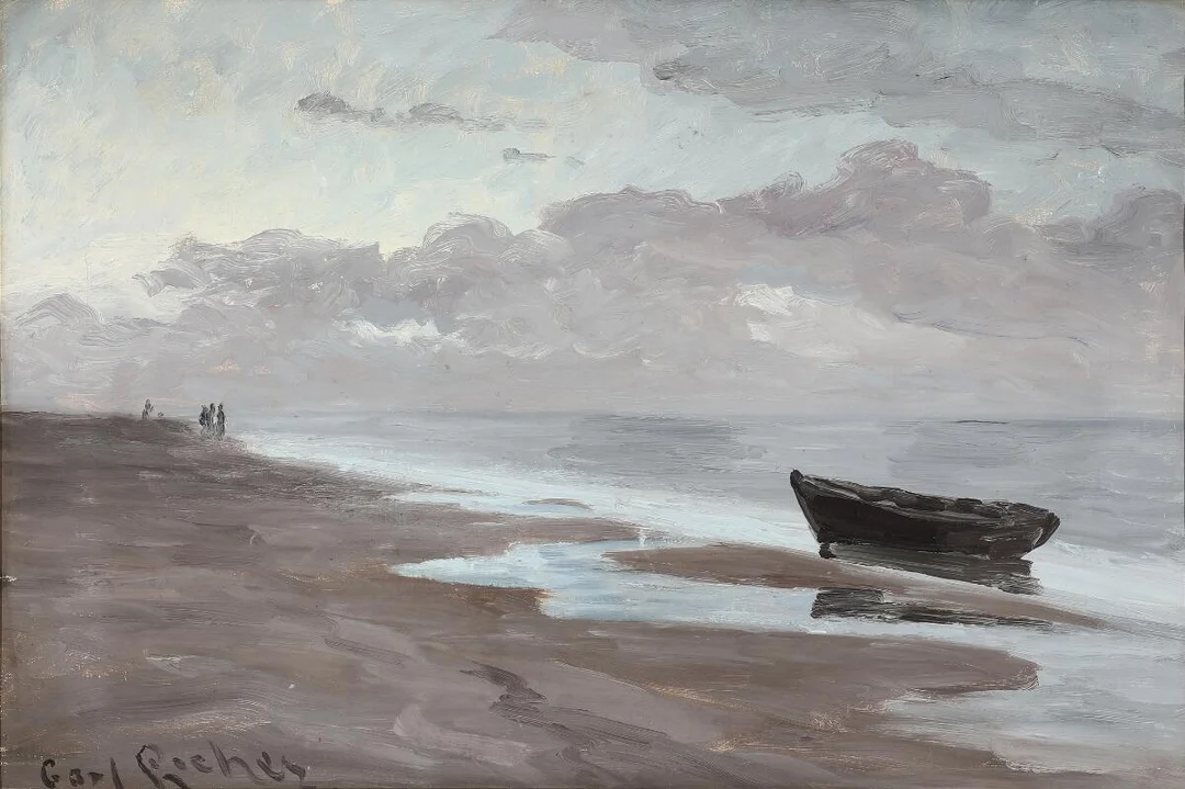Carl Locher: Beach view with a drawn up dinghy. Signed Carl Locher. Oil on canvas. 52×76 cm. — Paintings — Bruun Rasmussen