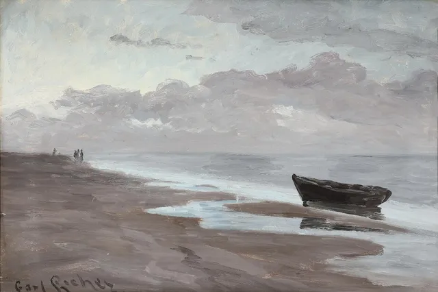Carl Locher: Beach view with a drawn up dinghy. Signed Carl Locher. Oil on canvas. 52×76 cm.