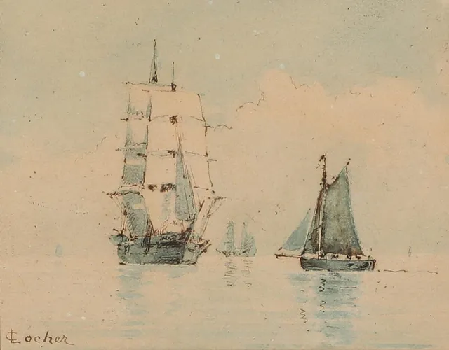 Marine scene with three ships at sea. Signed Locher. Watercolour on board. 19×22 cm.