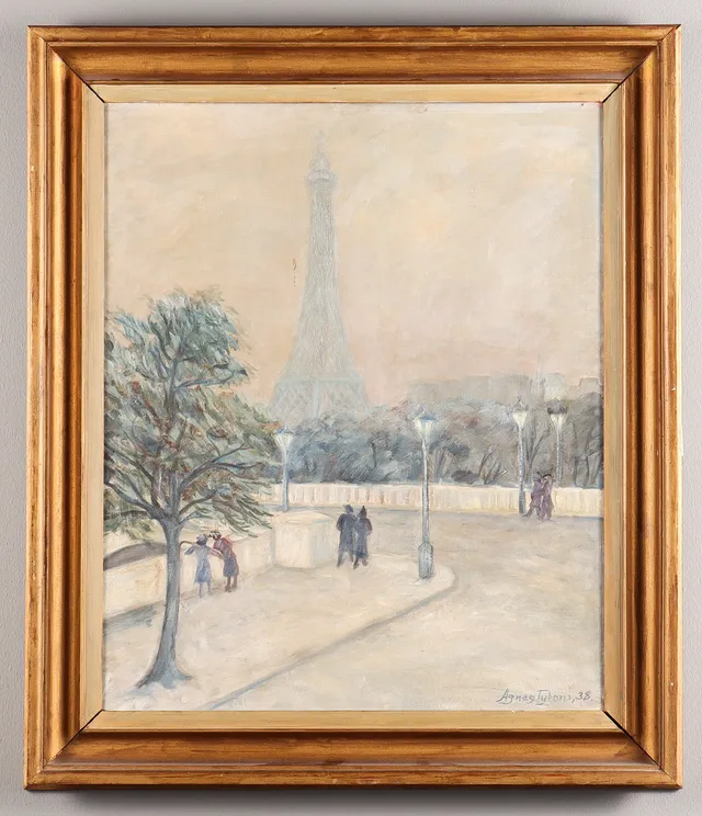 AGNES TYBONI olja på pannå, signerad 36, Parismotiv.