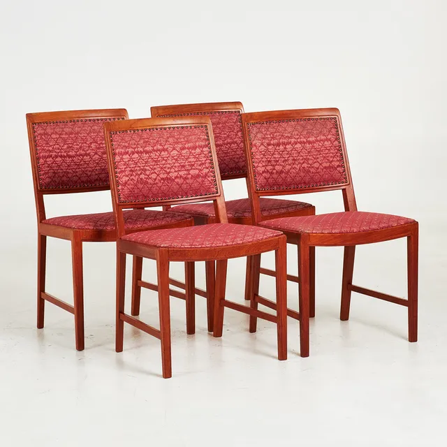 BERTIL FRIDHAGEN. STOLAR, 4 st, "Dinett", stommar i teak, klädsel i textil, brännmärkta Bodafors.