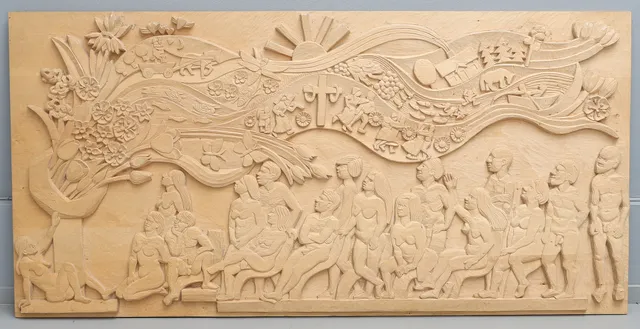 KRISTIAN HOLMQVIST. TRÄSKUREN RELIEF UTGÖRANDE DEL AV STÖRRE VERK PÅ TEMAT ANIARA: "VI FÖLJER ÄNNU VÅRA JORDEVANOR", 1980-82, LINDTRÄ.