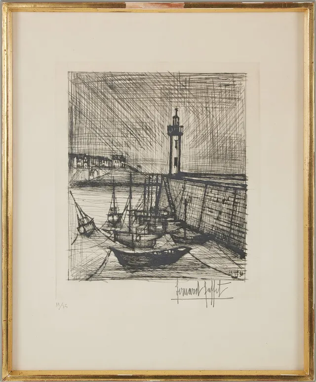 BERNARD BUFFET. "Le Phare", tornålsgravyr, signerad i blyerts samt monogramsignerad i plåten, numrerad 33/75, daterad 57.