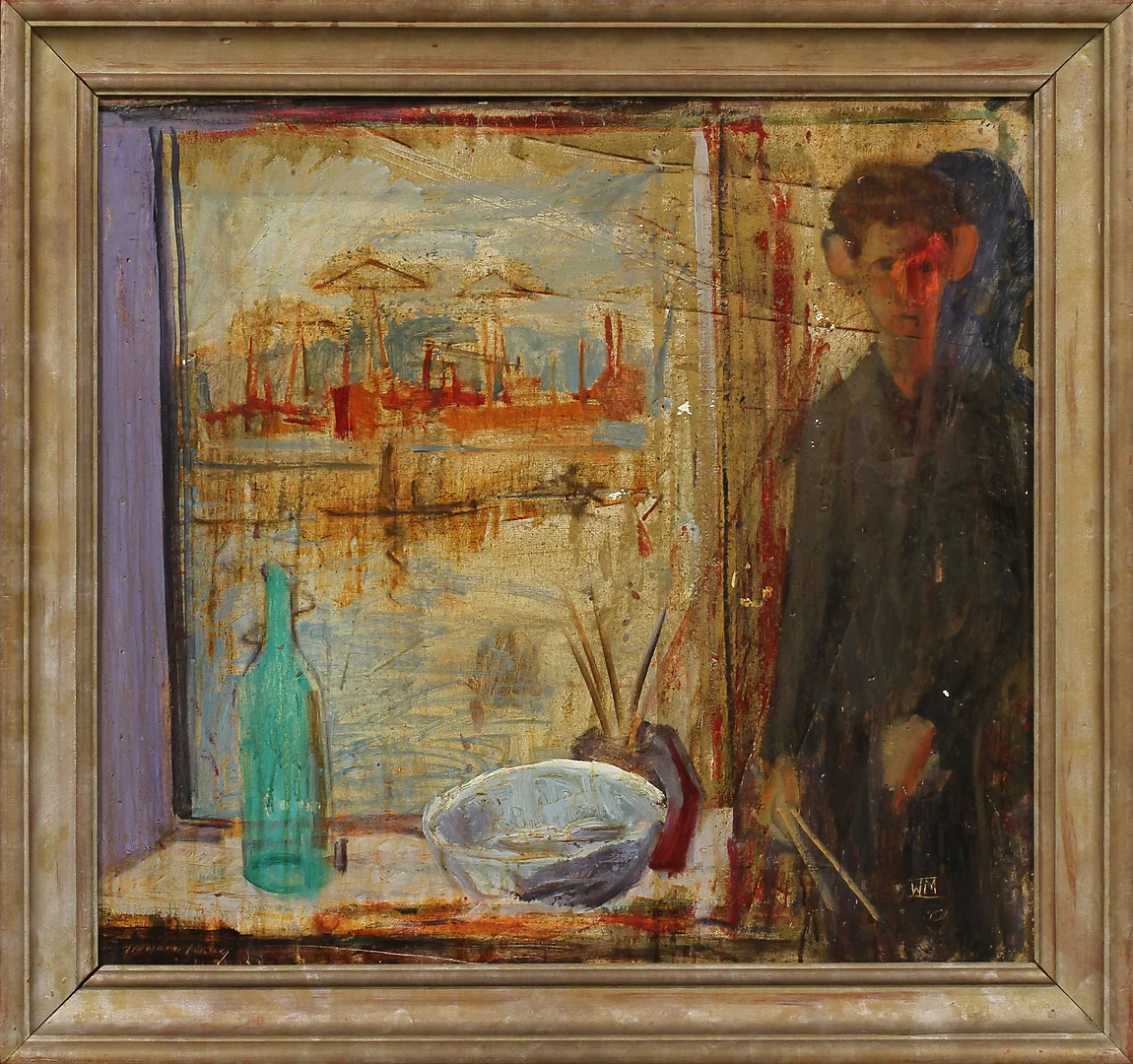 WALDEMAR MARBERG. Fönsterutsikt. Olja på pappannå, monogramsignerad. — Paintings — Göteborgs Auktionsverk