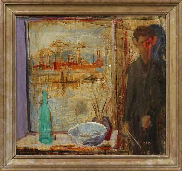 WALDEMAR MARBERG. Fönsterutsikt. Olja på pappannå, monogramsignerad.
