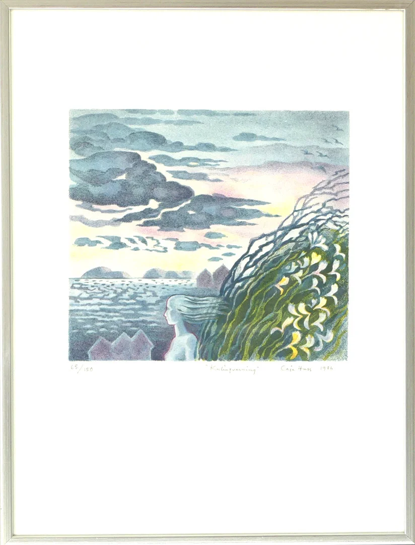 CAJE HUSS. färglitografi, "Kulingvarning", sensommarkväll i Grebbestad, Bohuslän. — Engravings & Prints — Lysekils Auktionsbyrå