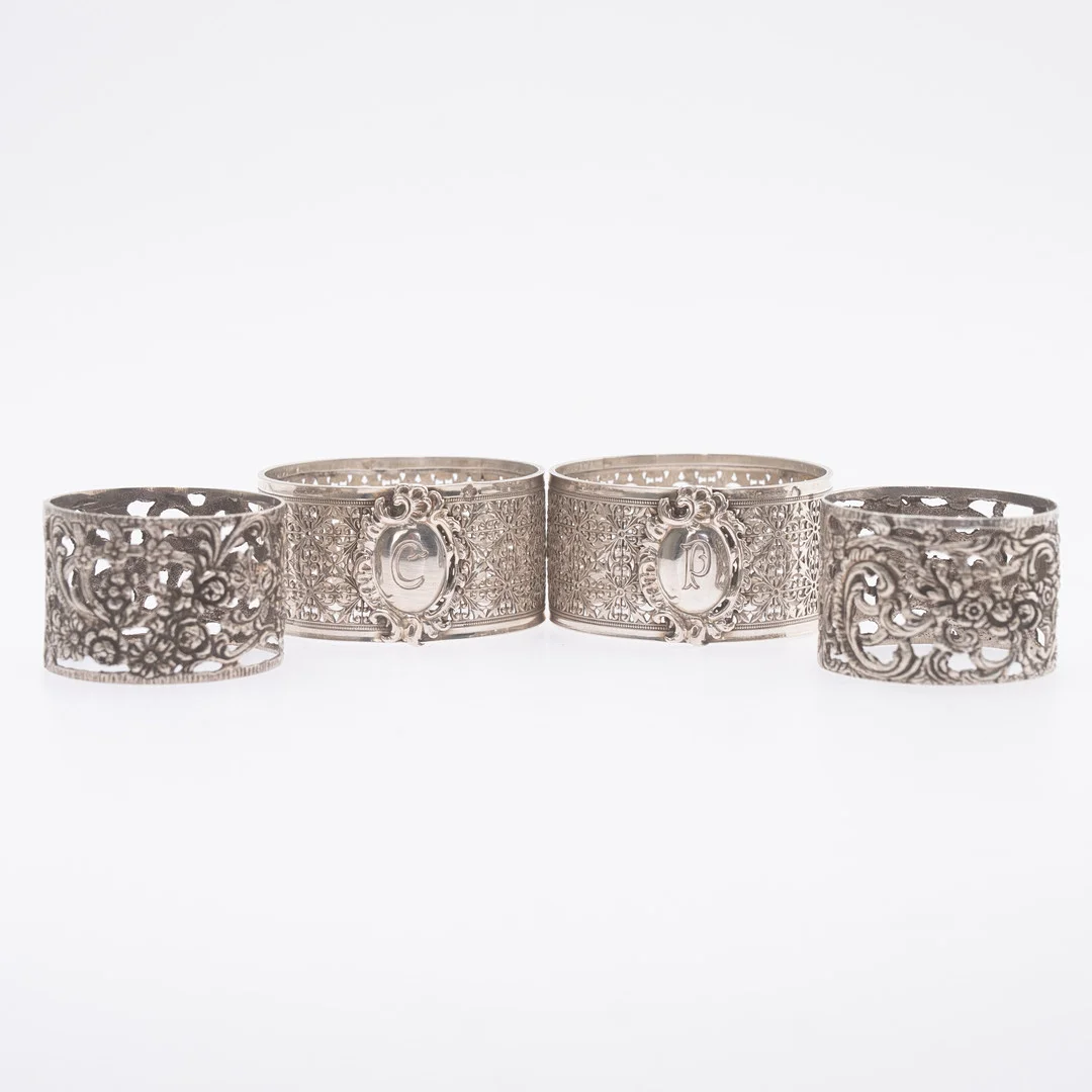 Vier Serviettenringe mit durchborchenem Dekor, Silber, u.a. Bregenz, Österreich 1867 - 1872 (4). — Silver — Stockholms Auktionsverk Hamburg
