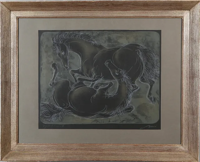 HANS ERNI. Två hästar, litografi, epreuve d’artist, signerad.